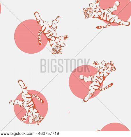 Vector Cute Red Tigers Drawing With Pink Geometrical Shapes Seamless Pattern Background. Perfect For
