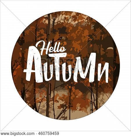 Hello Autumn Square Banner Background With Autumn Forest Landscape, Golden Trees, Leaves, River And 