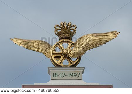 Railway Wheel With Wings And A Crown Is The Emblem Of The Danish Railway Company, Odense, Denmark, A