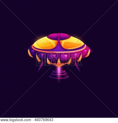 Spacecraft Futuristic Ufo Starship Alien Craft Isolated Glowing Saucer. Vector Cartoon Ship Flying G