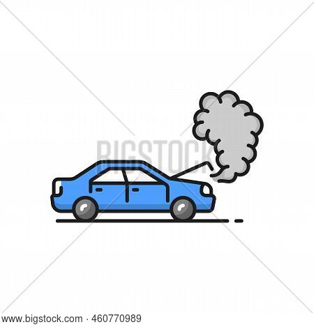 Car With Open Hood Isolated Vector Broken Vehicle, Road Accident. Steam Coming Of Radiator Of Breakd