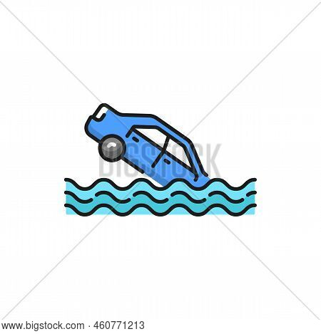 Car Falling Down The River And Sinking, Vector Color Line Icon. Accident Automobile Falling Into Wat