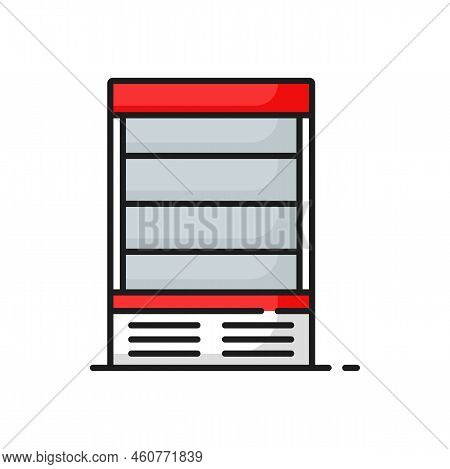 Showcase Vertical Red Freezer With Shelves Isolated Outline Icon. Vector Fridge Showcase With Glass 
