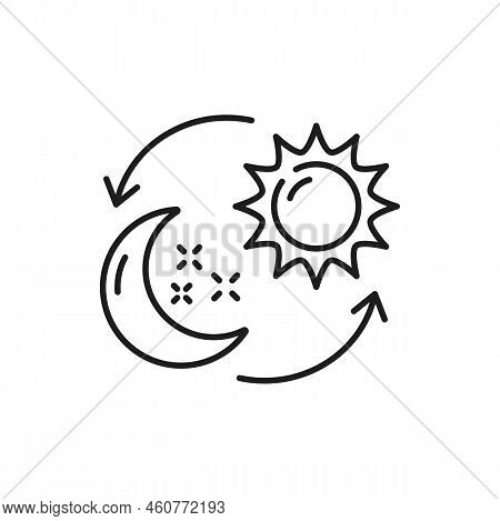Change Of Day And Night Concept Isolated Thin Line Icon. Vector Sun, Half Moon And Stars, Arrows. Su