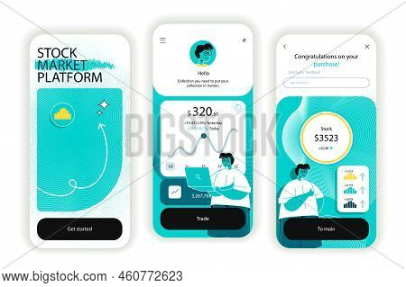 Stock Market Concept Onboarding Screens. Analysis Of Financial Data And Trading On Stock Exchange In
