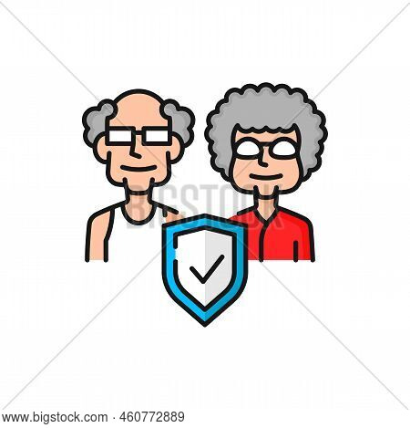 Senior Health Insurance Line Icon, Vector Isolated Elderly People And Shield. Retirement Symbol, Old