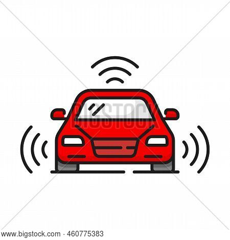 Driverless Autonomous Car, Self Driving Vehicle Isolated Color Outline Icon. Vector Auto Traffic Mon