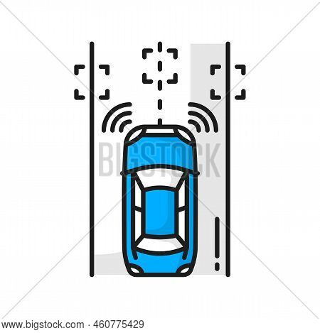 Driverless Autonomous Car On Road, Self Driving Vehicle With Radar Sensing System. Vector Electric A