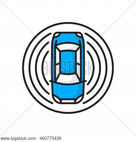 Autonomous Car And Ultrasonic Signals, Isolated Self Driving Vehicle With Radar Sensing System. Vect