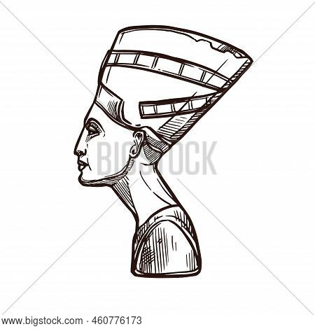 Nefertiti Sketch, Ancient Egypt Pharaoh Queen, Vector Icon. Ancient Egypt History And Cairo Culture,
