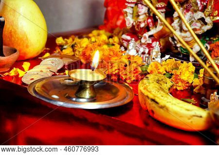 Prayer Items Pooja Material / Puja Sahitya In Hindu Religion From India, Arranged In A Group. Select