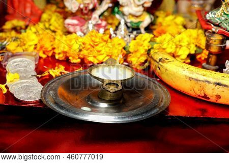 Prayer Items Pooja Material / Puja Sahitya In Hindu Religion From India, Arranged In A Group. Select