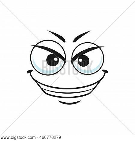 Cartoon Villain Face, Vector Gloat Laugh Emoji With Angry Eyes And Laughing Toothy Mouth. Negative F