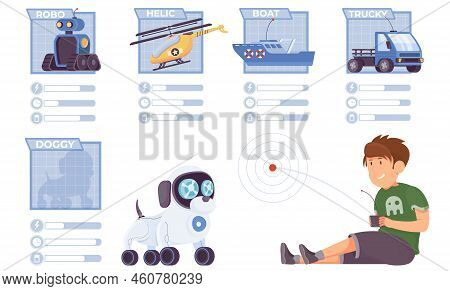 Controlled Toys Flat Set Of Isolated Infographic Elements And Boy Controlling Robotic Dog Vector Ill