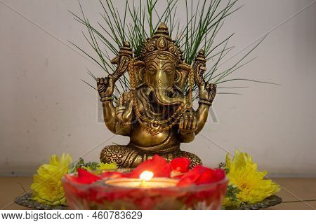 Idol Of Indian God Lord Ganesha Decorated During Ganesh Chaturthi Festival. God With Elephant Face