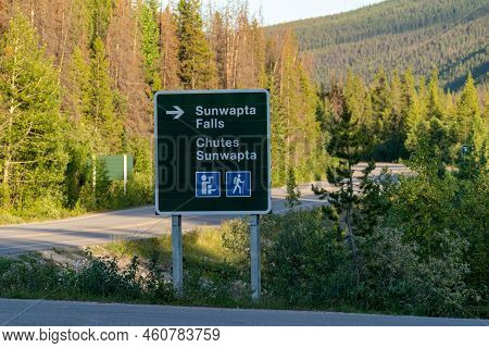 Directional Sign For Sunwapta Falls Waterfall Tourist Attaction Along The Icefields Parkway In Jaspe