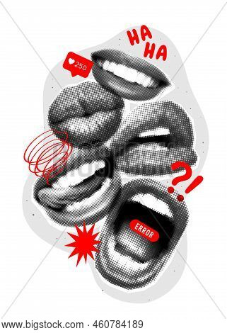 Art Collage With Halftone Mouths And Red Elements. Magazine Style, Halftone Textures. Composition Wi