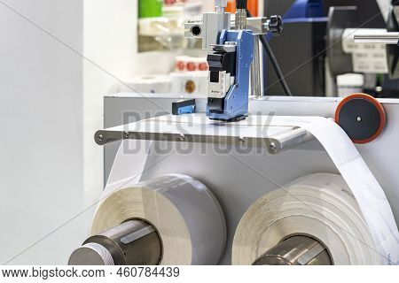 Inkjet Print Head Component Of Continuous Label Or Graphics Printer Machine During Print Sticker She