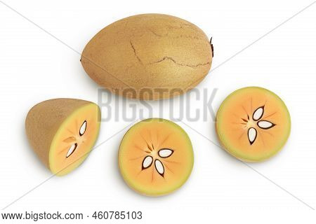 Sapodilla Isolated On White Background With Full Depth Of Field. Top View. Flat Lay