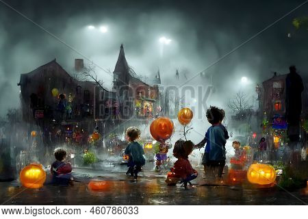 Kids Playing On Night Halloween Street, American Neighborhood Background, Neural Network Generated A