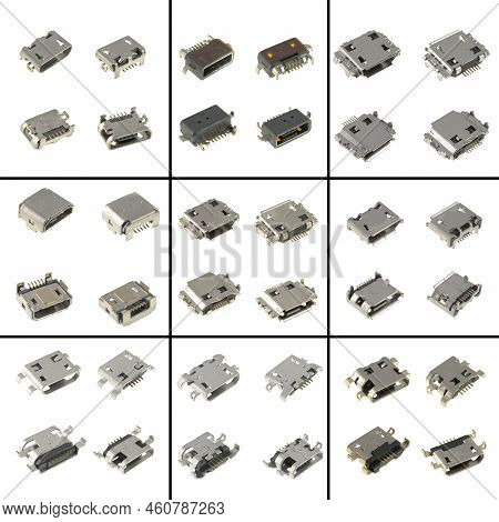 Connector Micro-usb Socket, Collage Of Micro-usb Connectors, Spare Part For Phone Tablet, On White B
