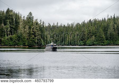 Sitka, Alaska - July 26, 2022 - View Of Adventure Sitka's  Siginaka Explorer Cruise Boat Picking Up 
