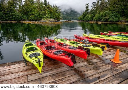 Sitka, Alaska - July 26, 2022 - View Of Adventure Sitka's  Kayaks At The Siginaka Islands Base.