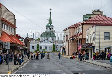 Sitka, Alaska - July 26, 2022 - View Of Sitka's Historic Main Street. Historic St. Michael's Orthodo