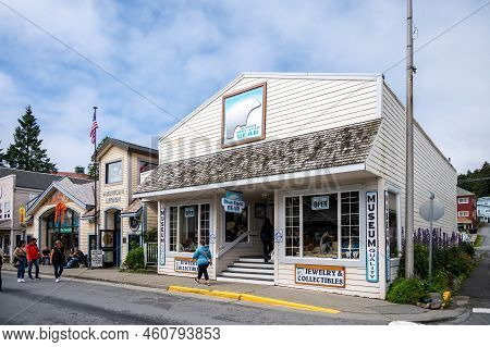 Sitka, Alaska - July 26, 2022 - View Of Sitka's Historic Main Street. Alsaka's Blue-eyed Bear Gift S