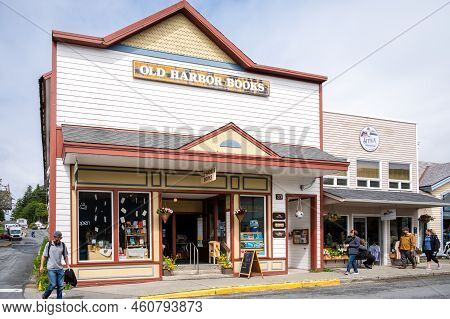 Sitka, Alaska - July 26, 2022 - View Of Sitka's Historic Main Street. Old Harbor Books Visible.