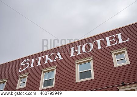 Sitka, Alaska - July 26, 2022 - View Of Sitka's Historic Main Street. Historic Sitka Hotel Visible.