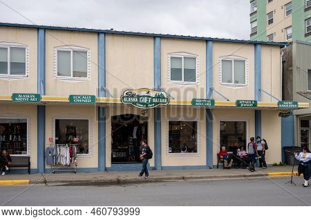 Sitka, Alaska - July 26, 2022 - View Of Sitka's Historic Main Street. Alsaka Gift Bazaar Visible.