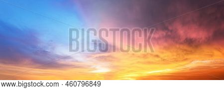 Panoramic Beautiful Cloun Golden Hour Twilight Sky. Beautiful Sky Nature Background.  Amazing Colorf