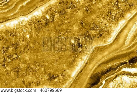 Gold Geode With Crystals Art With Epoxy Resin. Quartz Slice Geode With Transparent Crystals Handdraw