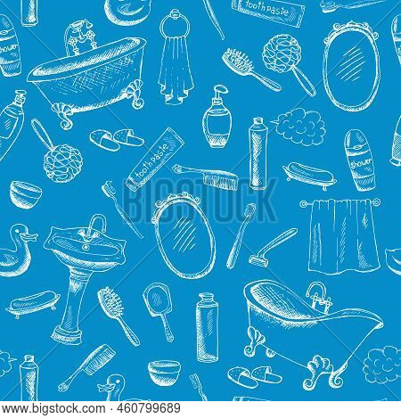 Bathroom Themed Design On Blue Background With Toothpaste  Bathtub  Towel Artwork And More.