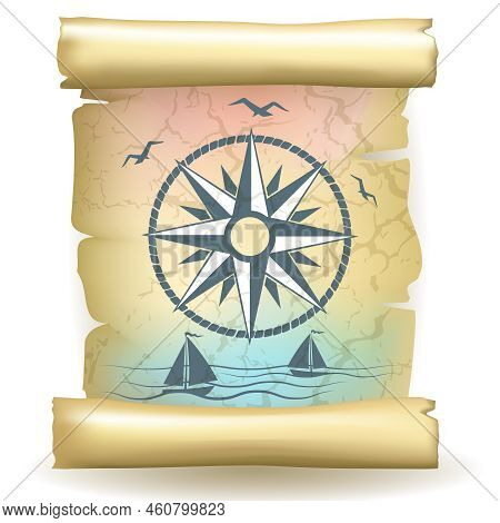 Ancient Scroll With Vintage Compass Design And Boats