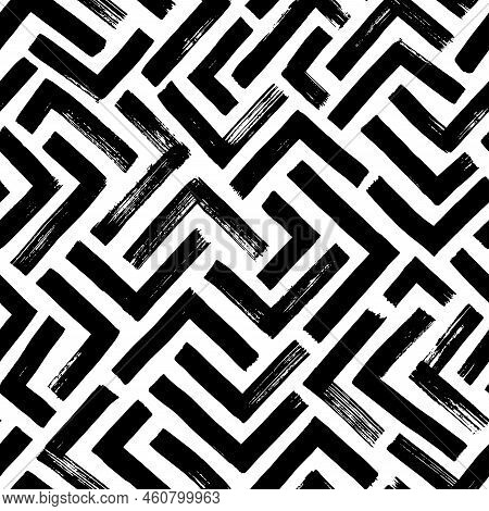 Black Maze Seamless Pattern With Triangular Lines.