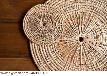 Close Up To Round Circle Woven Straw Mat Wicker Pattern Of Local Thai Handmade Craft.