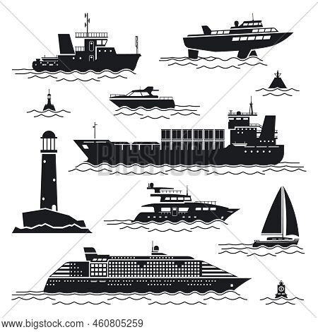 Ship And Boat Icons Set. Liner And Container, Freighter And Buoy, Lighthouse And Yacht