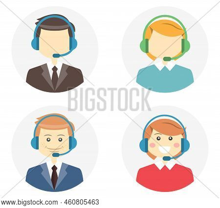 Call Center Operator Icons With A Smiling Friendly Man And Woman Wearing Headsets And A Second Varia