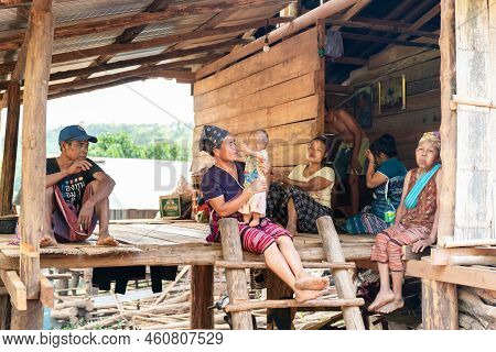 Chiang Mai, Thailand – 25 May 2021, Hill Tribe Family With Their Home. They Live In Omkoi Districk,