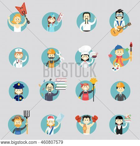 Badges With Avatars Of Different Professions With Musicians  Martial Arts  Doctor  Construction Work
