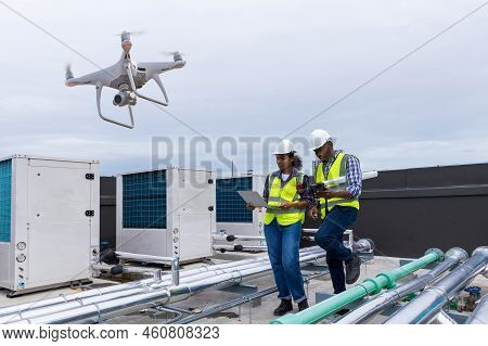 Industrial Engineer Use Drone Work On Site . Engineer Visit And Inspection Site Engineer Progress By