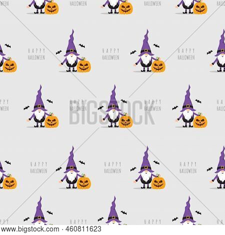 Seamless Pattern With Halloween Gnomes. Cute Scandinavian Dwarf With Pumpkin. Vector Illustration In
