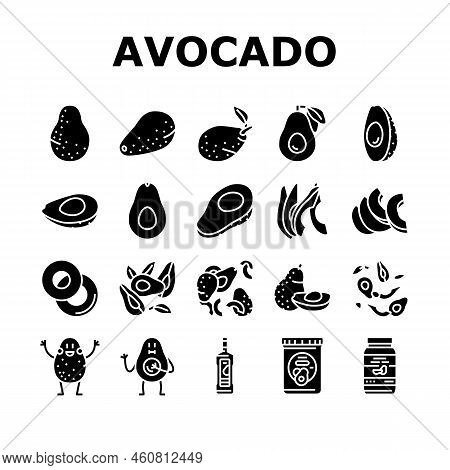 Avocado Food Green Half Icons Set Vector. Vegetable Slice Fresh, Healthy Organic Seed, Tropical Cut 