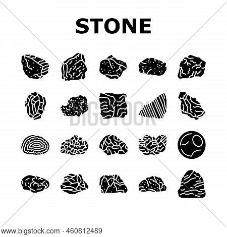 Stone Rock Texture Nature Icons Set Vector. Surface Grey, White Mountain, Landscape Marble, Gark Gru