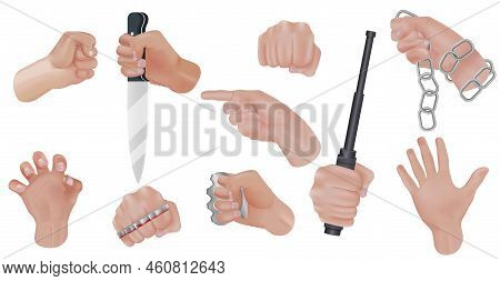 Hand Agression Realistic Icon Set Hands In Various Threatening Gestures And Poses Vector Illustratio