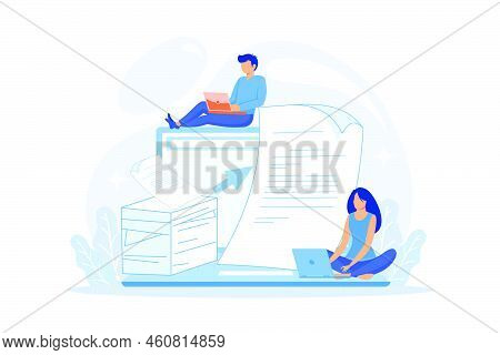 Specialists Work With Laptop Digital Data, Tiny People. Digital Transformation, Digital Solution Dev
