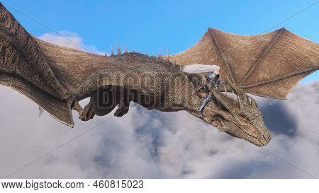 White Haired Female Warrior Knight Flies On A Dragon Above The Clouds.fantasy Artwork Scene. Cgi Ani