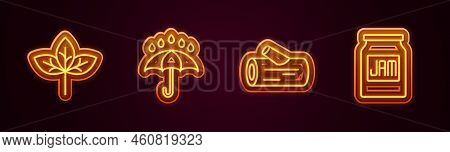 Set Line Leaf, Umbrella And Rain Drops, Wooden Log And Jam Jar. Glowing Neon Icon. Vector